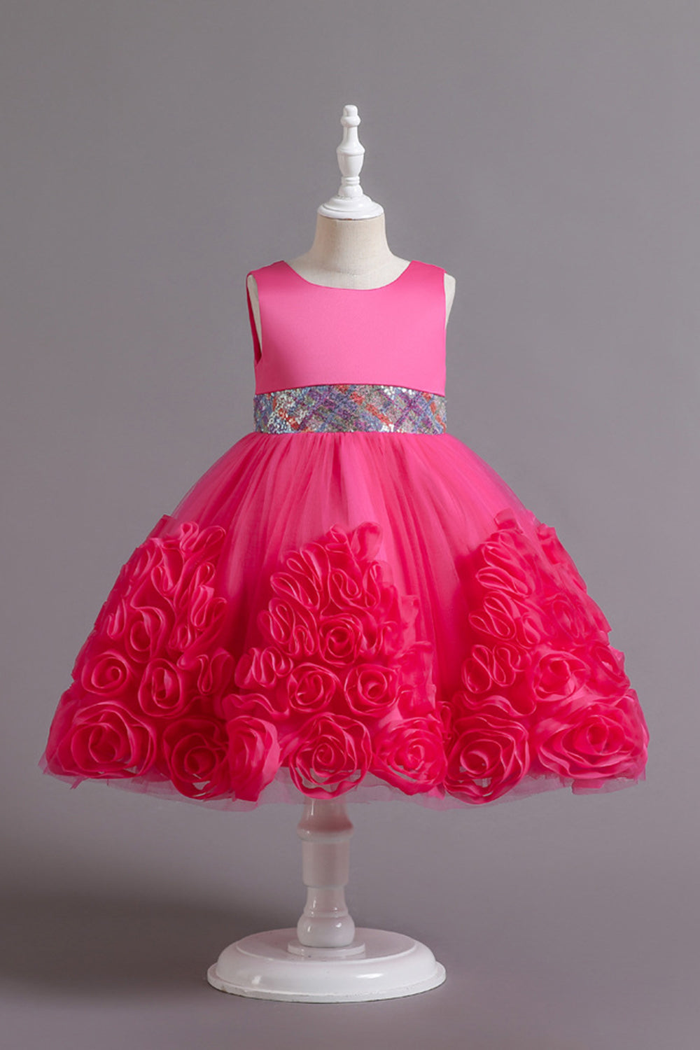 Fuchsia A Line Lantejoulas Vestido de Menina Flor