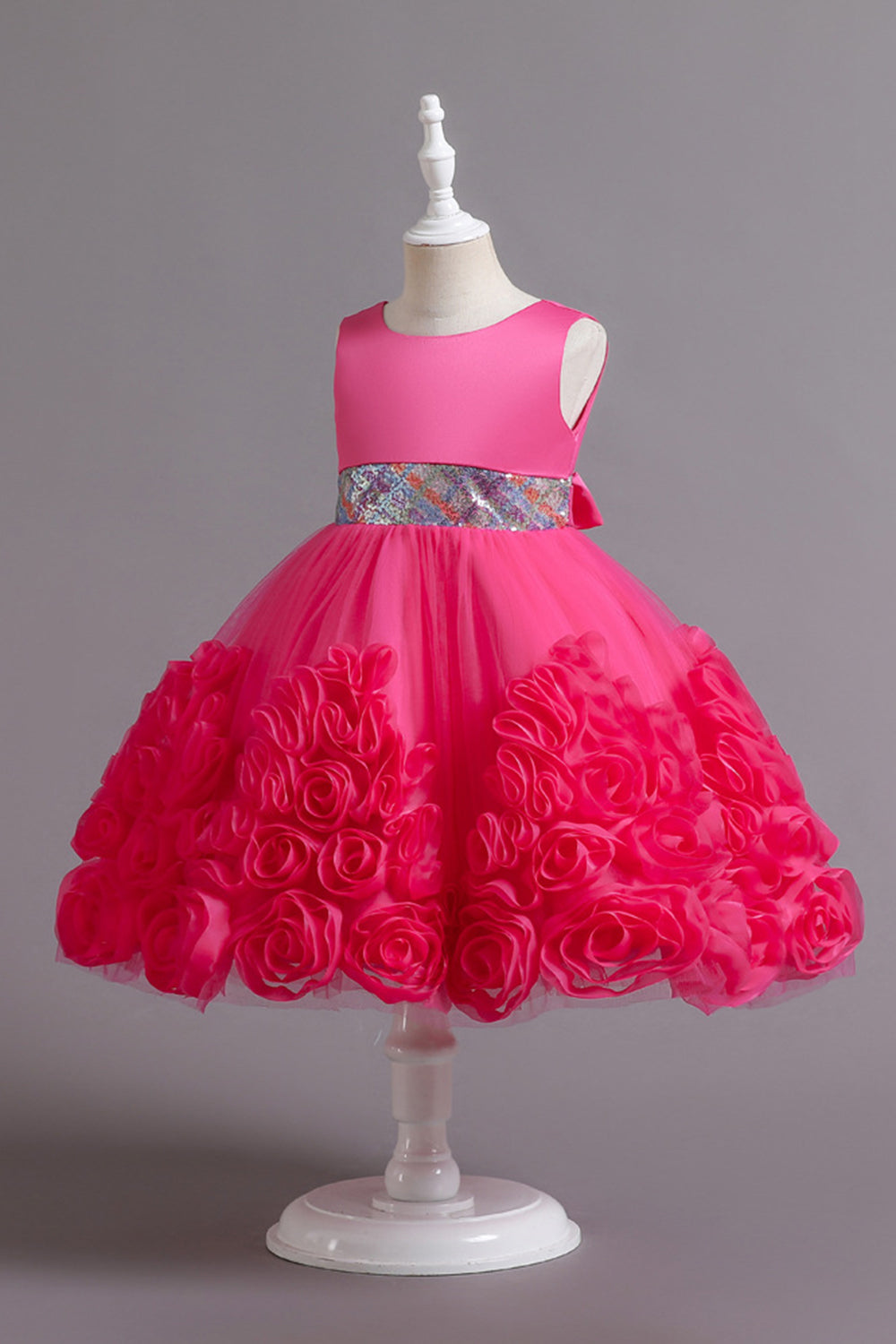 Fuchsia A Line Lantejoulas Vestido de Menina Flor