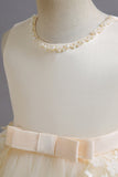 Champanhe A Line Tule Sem Mangas Vestido de Menina Com Arco