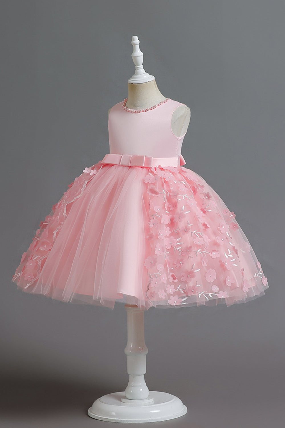 Champanhe A Line Tule Sem Mangas Vestido de Menina Com Arco