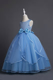 Azul Pescoço Redondo Tule Vestido de Menina