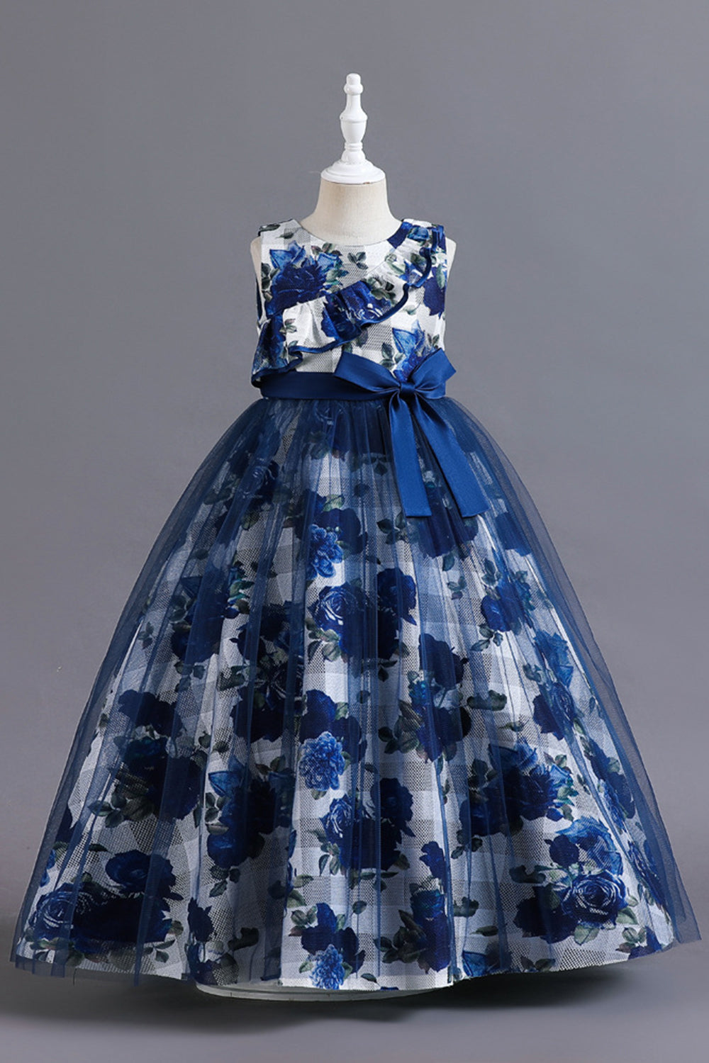 Azul Tule Vestido de Menina Com Babado