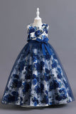Azul Tule Vestido de Menina Com Babado