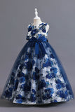 Azul Tule Vestido de Menina Com Babado