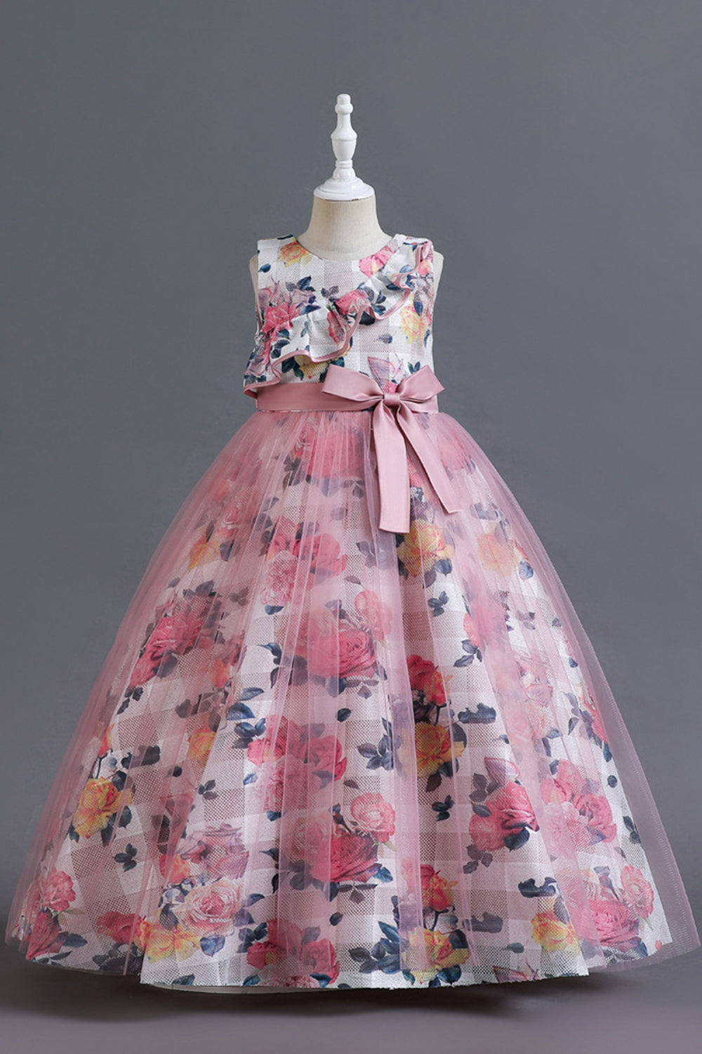 Azul Tule Vestido de Menina Com Babado