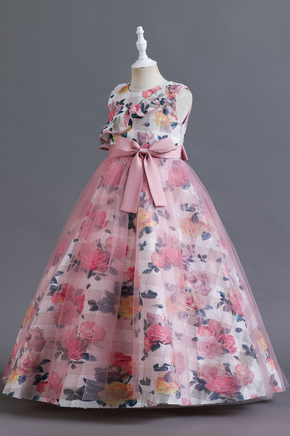 Azul Tule Vestido de Menina Com Babado