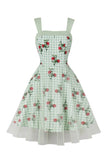 Verde Xadrez 1950s Vestido Com Estampado Floral