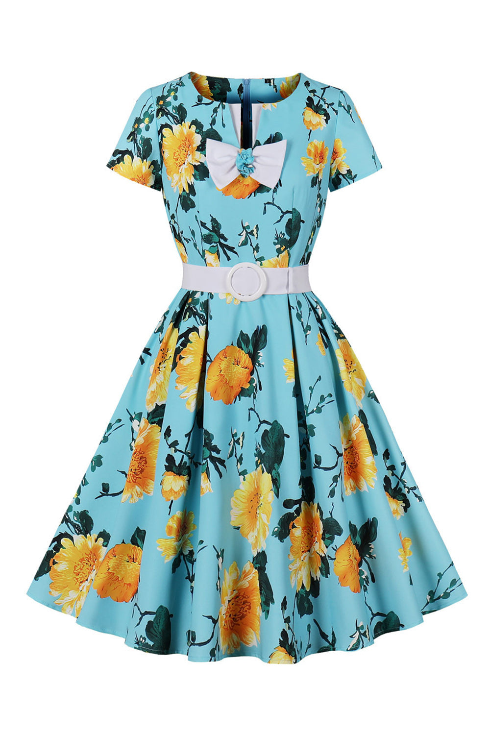 Azul Flor Estampado Mangas Curtas Vestido Vintage