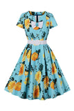 Azul Flor Estampado Mangas Curtas Vestido Vintage