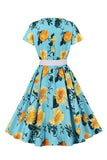 Azul Flor Estampado Mangas Curtas Vestido Vintage