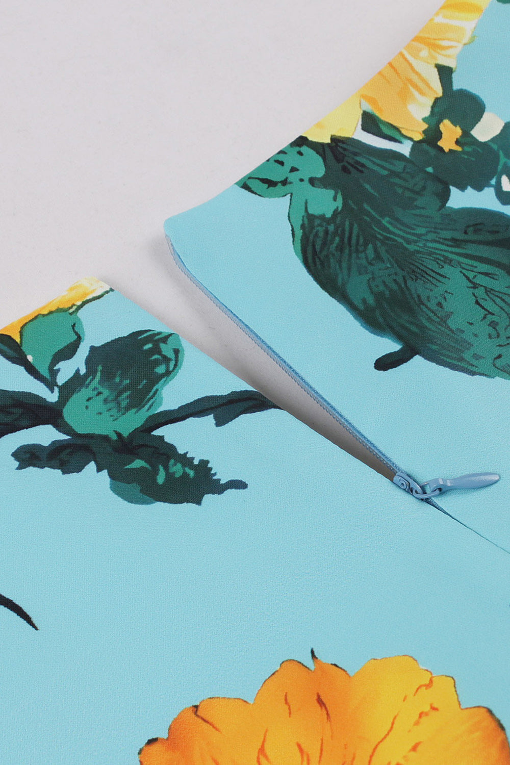 Azul Flor Estampado Mangas Curtas Vestido Vintage