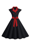 Preto Pontos de Polka Vestido dos anos 1950 com laço