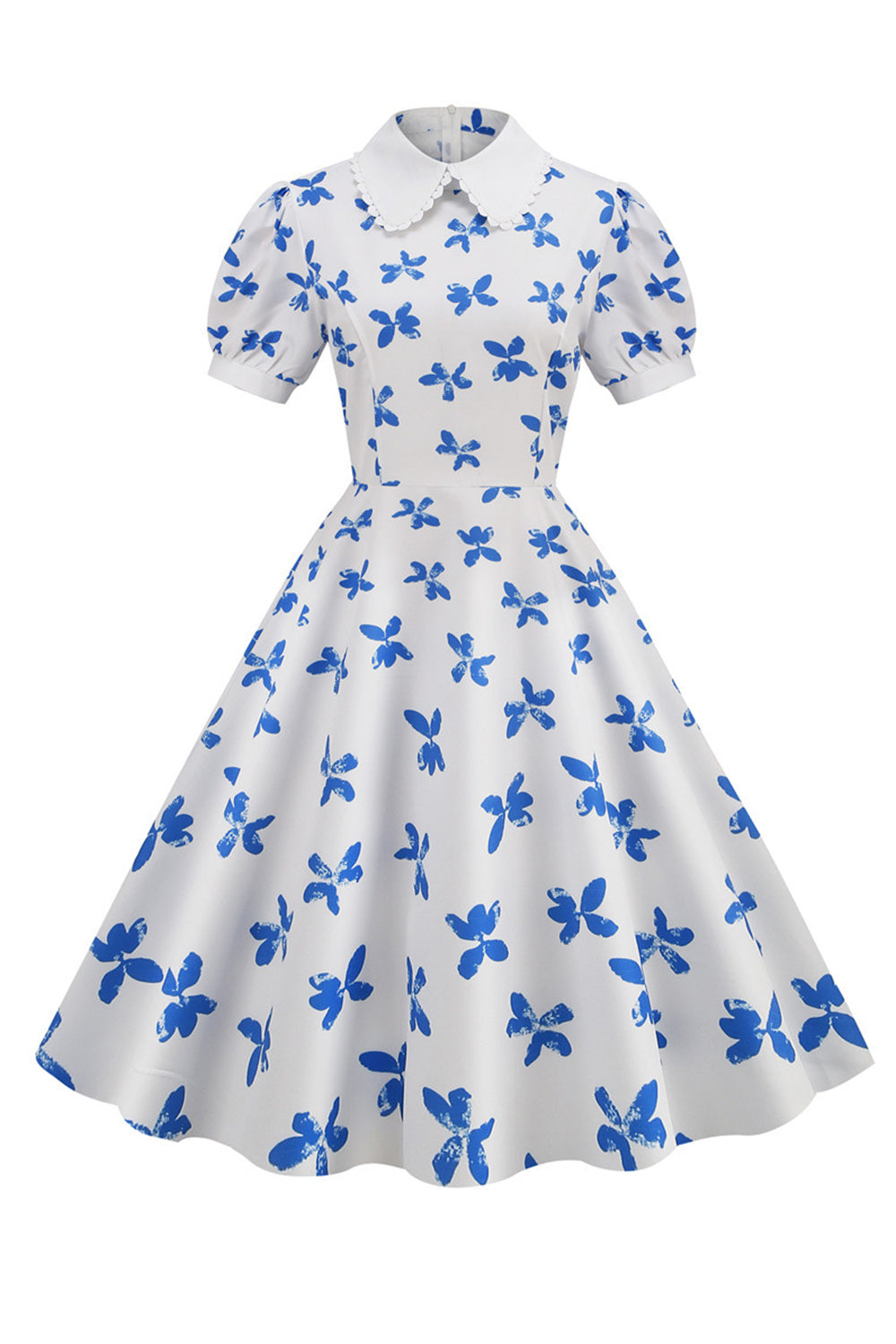 Estampado Branco Mangas Curtas Vestido Vintage