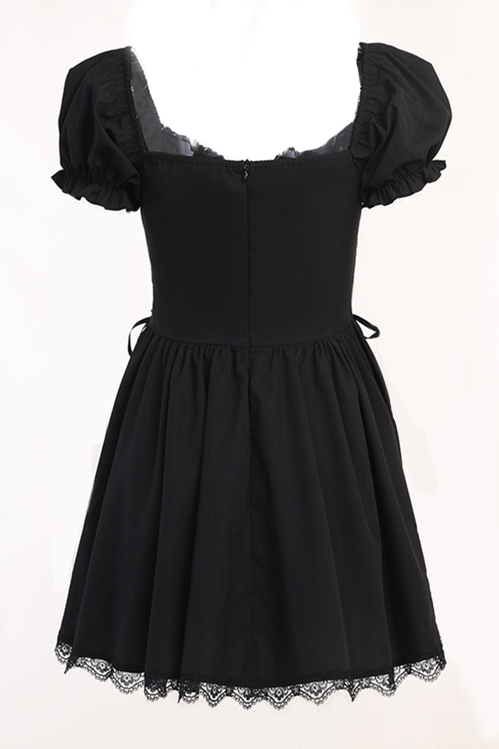 Puff Mangas Preto 1950s Vestido com Renda