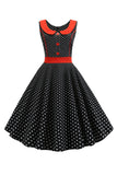 Preto Polka Dots Sleeveless Swing Vestido Vintage