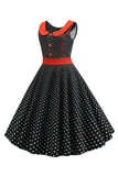 Preto Polka Dots Sleeveless Swing Vestido Vintage