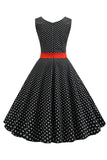 Preto Polka Dots Sleeveless Swing Vestido Vintage