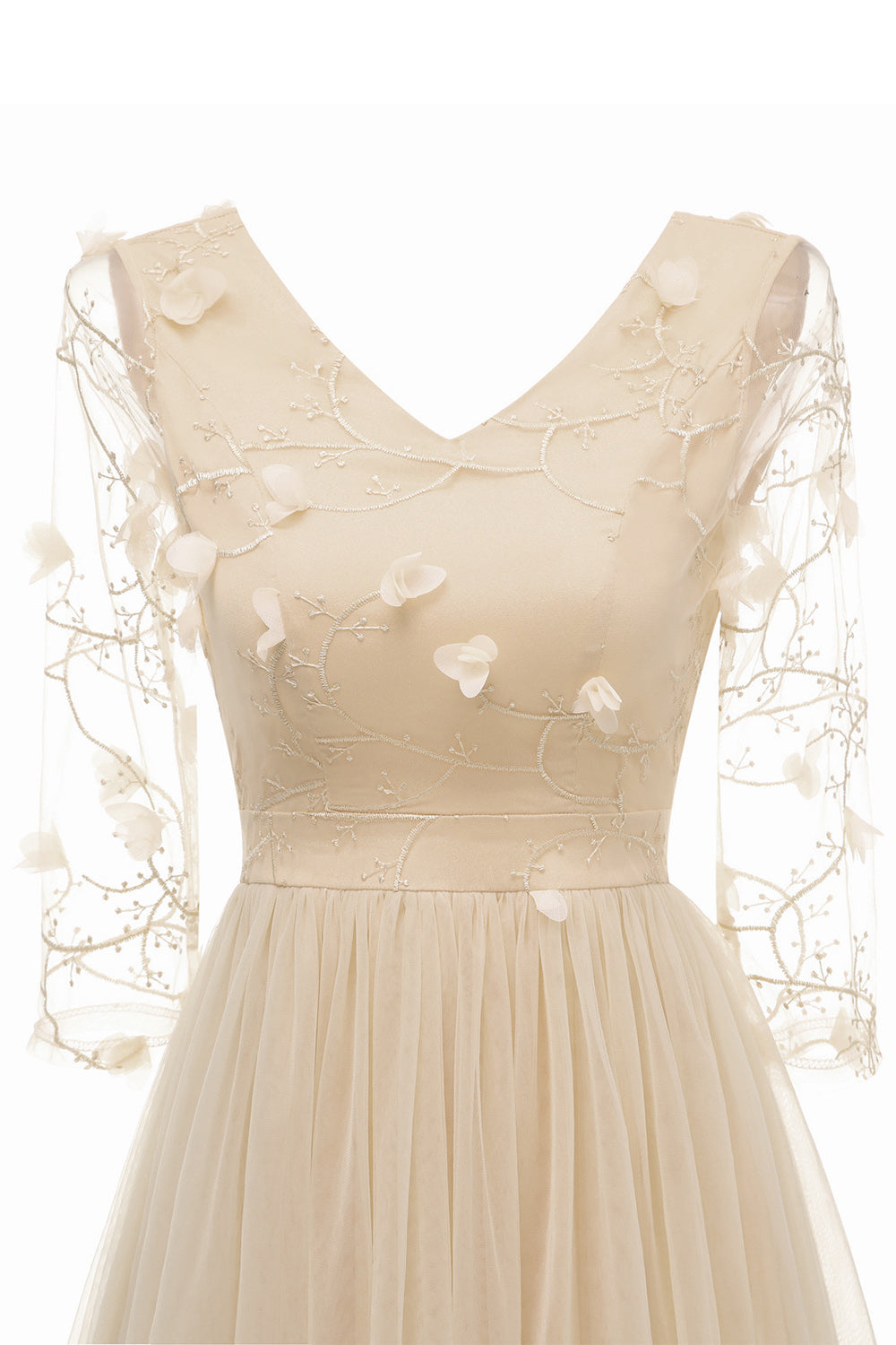 Vestido Vintage Mangas Compridas Tule Damasco Apliques