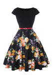 Flor Estampado Preto 1950s Vestido Com Cinto