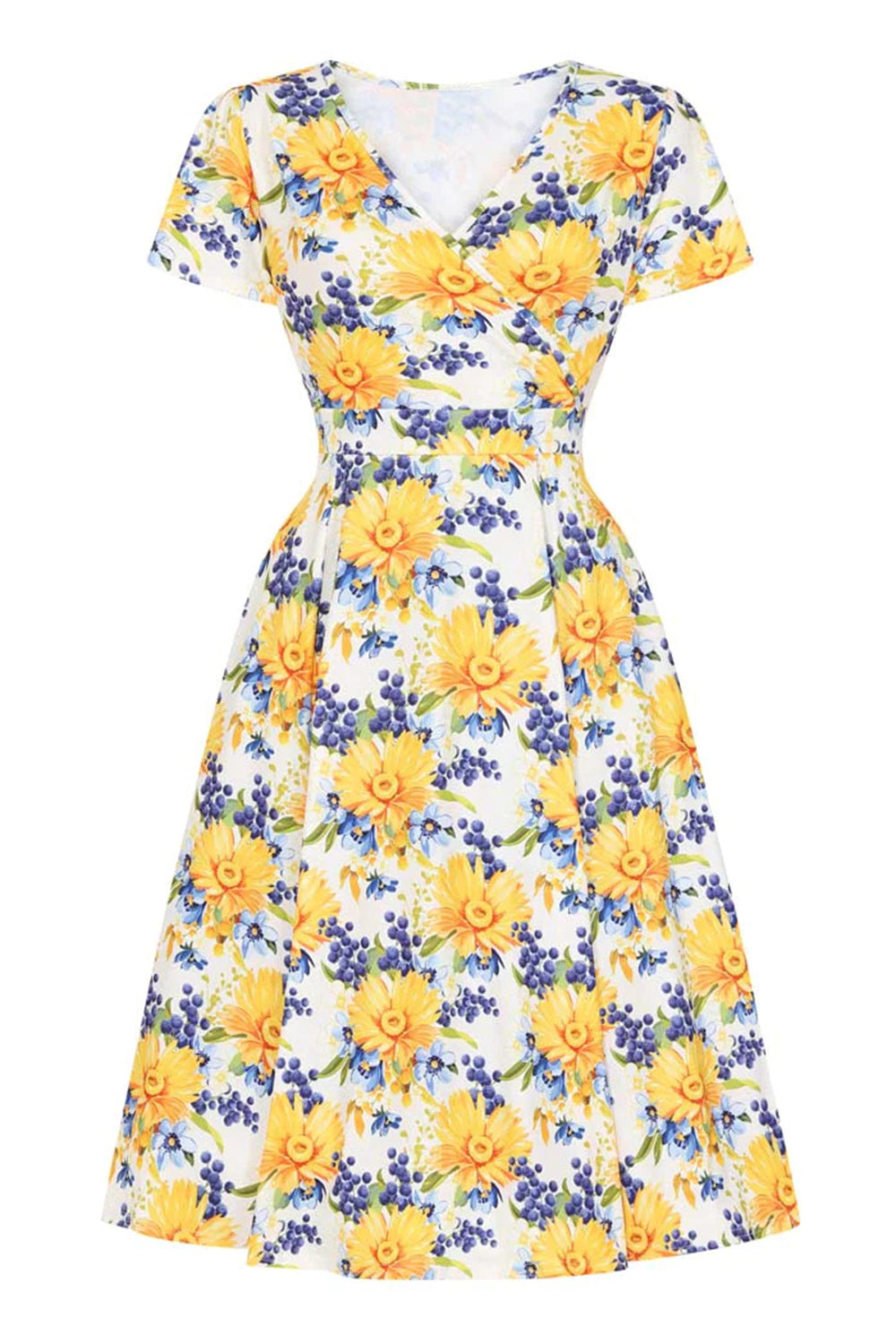 Estampado Vestido Vintage Amarelo Mangas Curtas