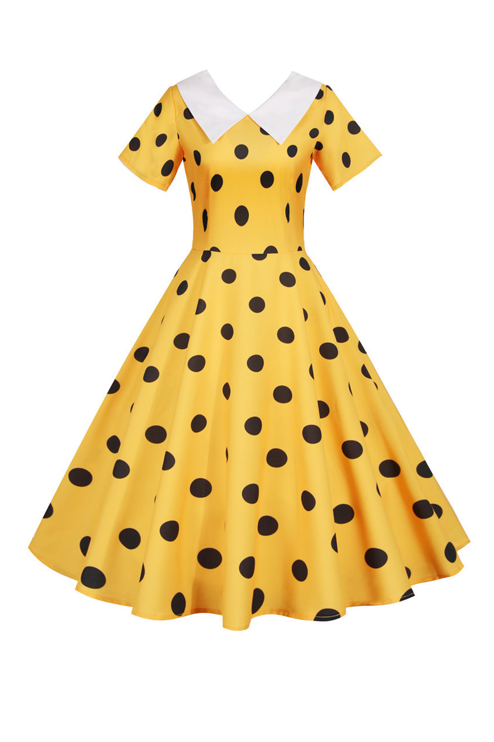 Pontos de Polka Vestido Vintage Amarelo com Mangas Curtas