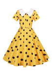 Pontos de Polka Vestido Vintage Amarelo com Mangas Curtas