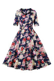 Navy Floral Estampado Swing 1950s Vestido com mangas curtas