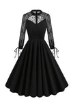Preto Mangas Longas Renda Vestido Vintage