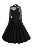 Preto Mangas Longas Renda Vestido Vintage