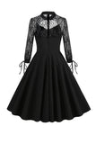 Preto Mangas Longas Renda Vestido Vintage