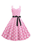 Rosa Polka Dots Esparguete Alças 1950 Vestido Com Arco