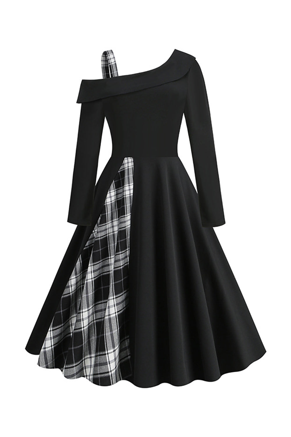 Estilo Retro Um Ombro Preto Plaid Vestido 1950s