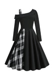 Estilo Retro Um Ombro Preto Plaid Vestido 1950s