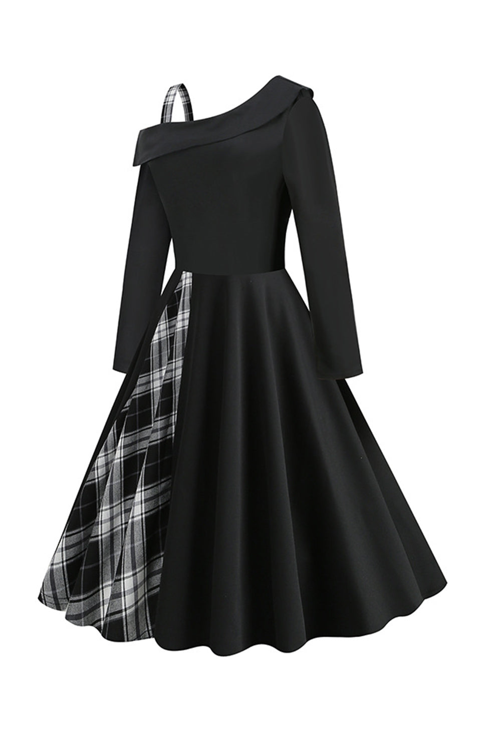Estilo Retro Um Ombro Preto Plaid Vestido 1950s