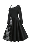 Estilo Retro Um Ombro Preto Plaid Vestido 1950s