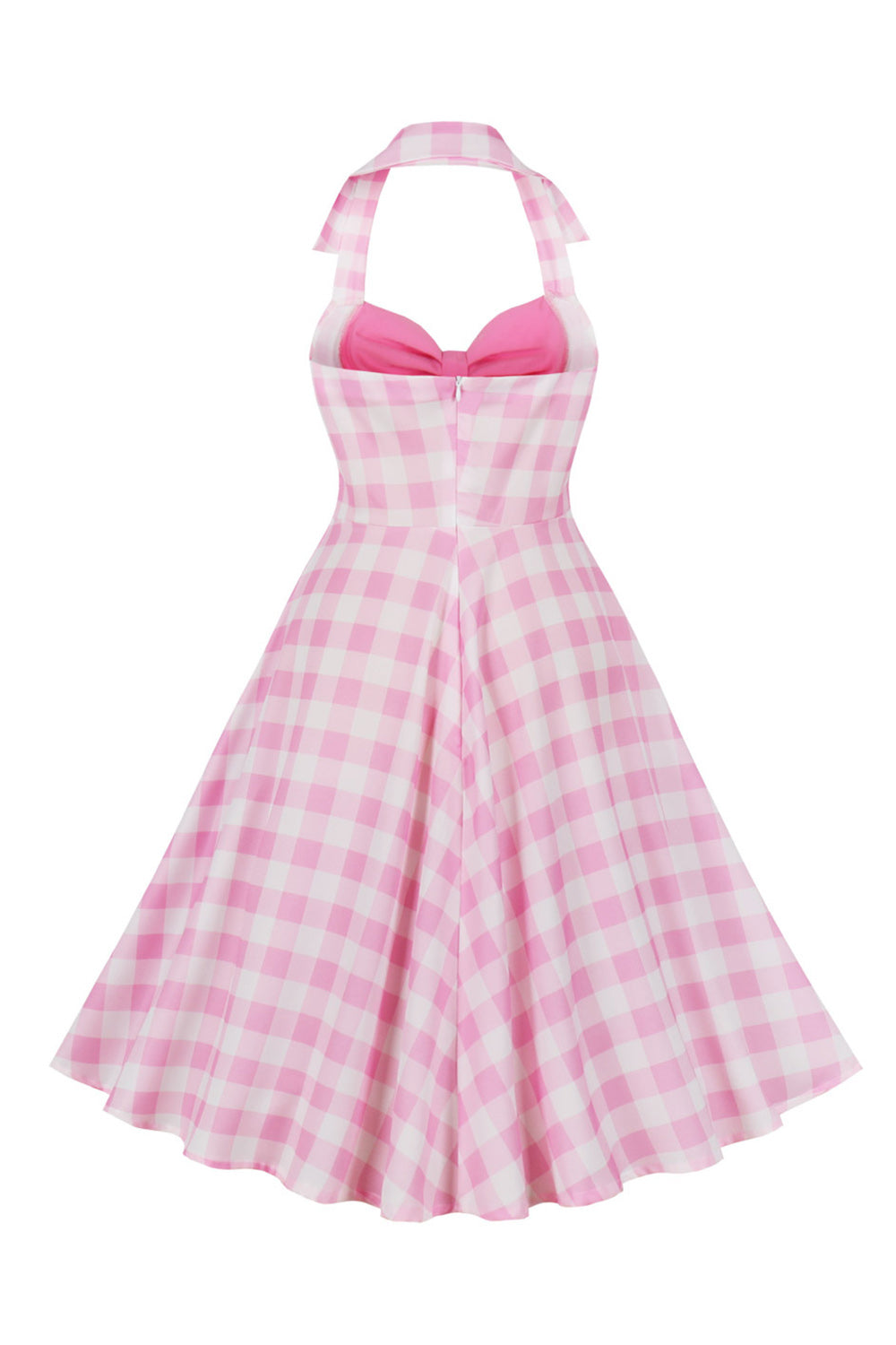 Estilos Retrô Uma Linha Halter Neck Pink Plaid Vestido dos anos 1950