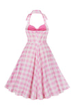 Estilos Retrô Uma Linha Halter Neck Pink Plaid Vestido dos anos 1950