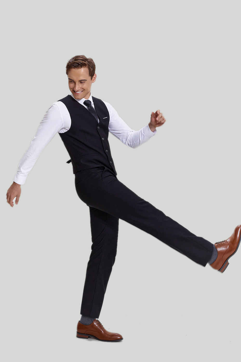 Terno preto de três peças para homens com lapela notched