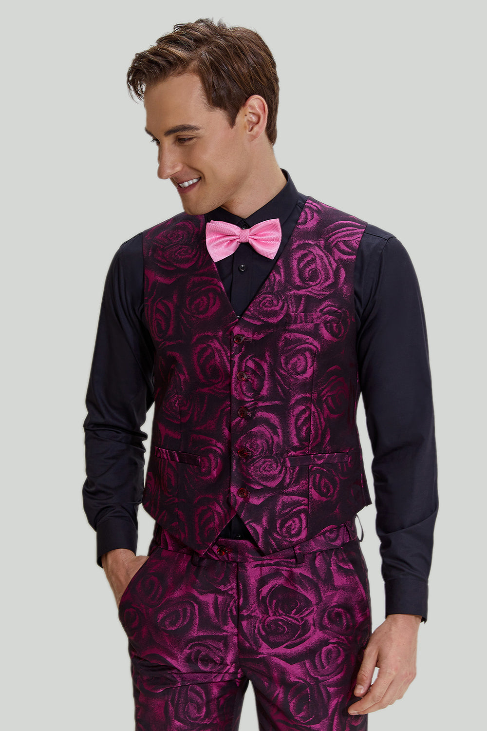 Ternos de formatura masculinos jacquard fúcsia floral 3 peças