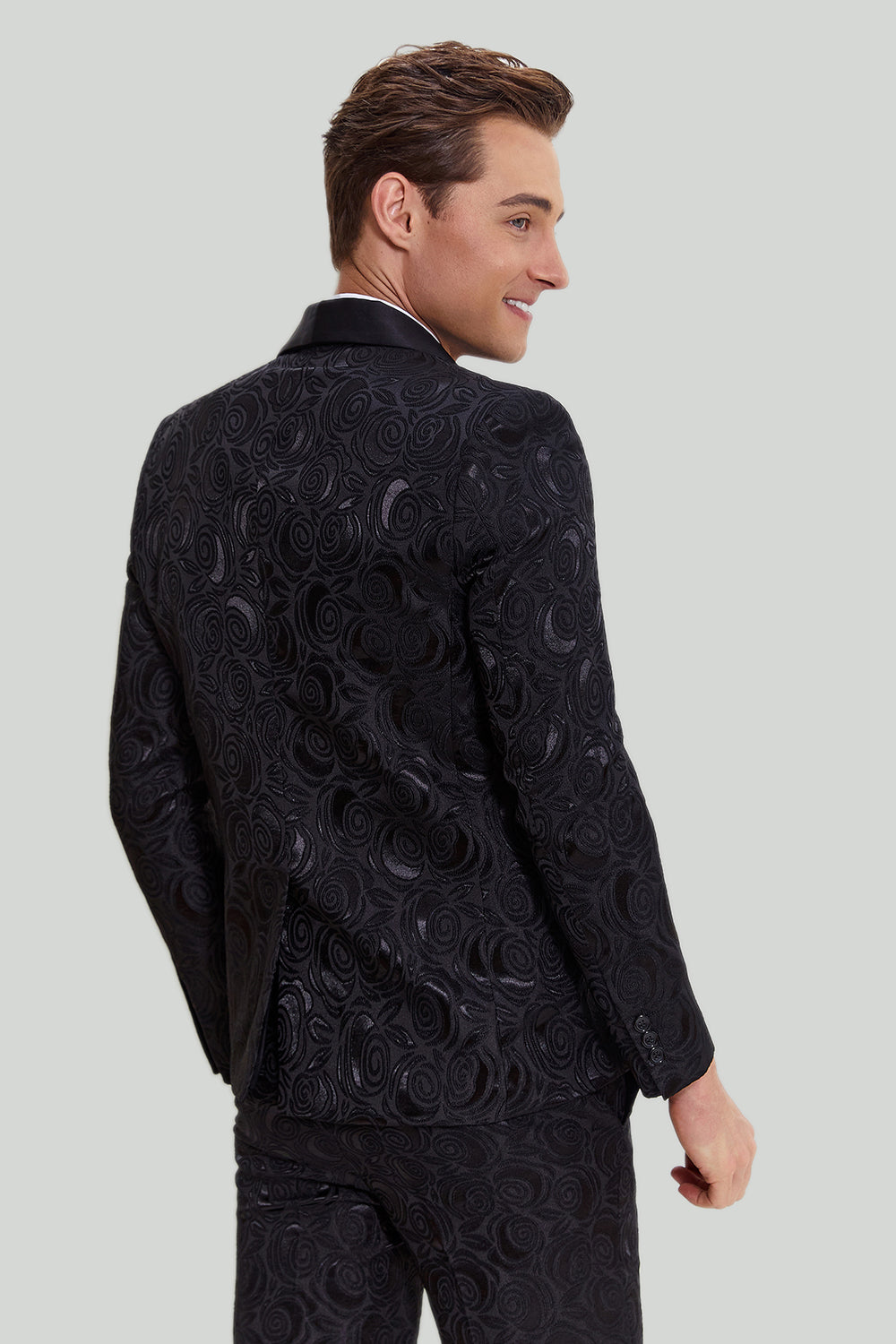 Jacquard um botão terno masculino 2 peças preto