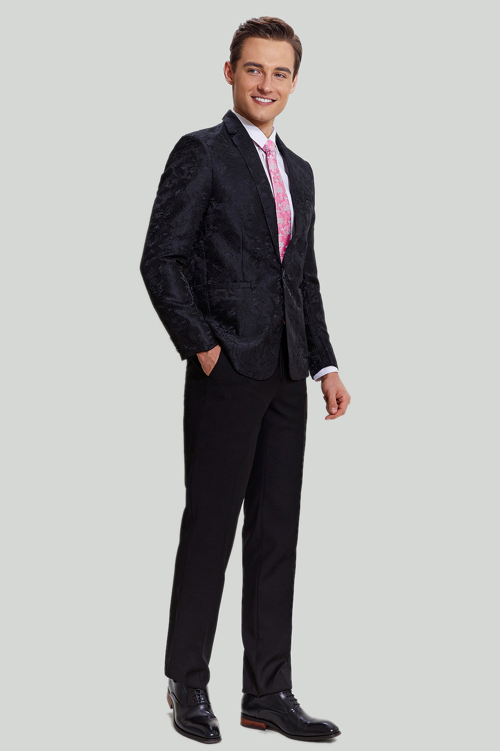 Jacquard Preto Satin Notched Lapel Blazer