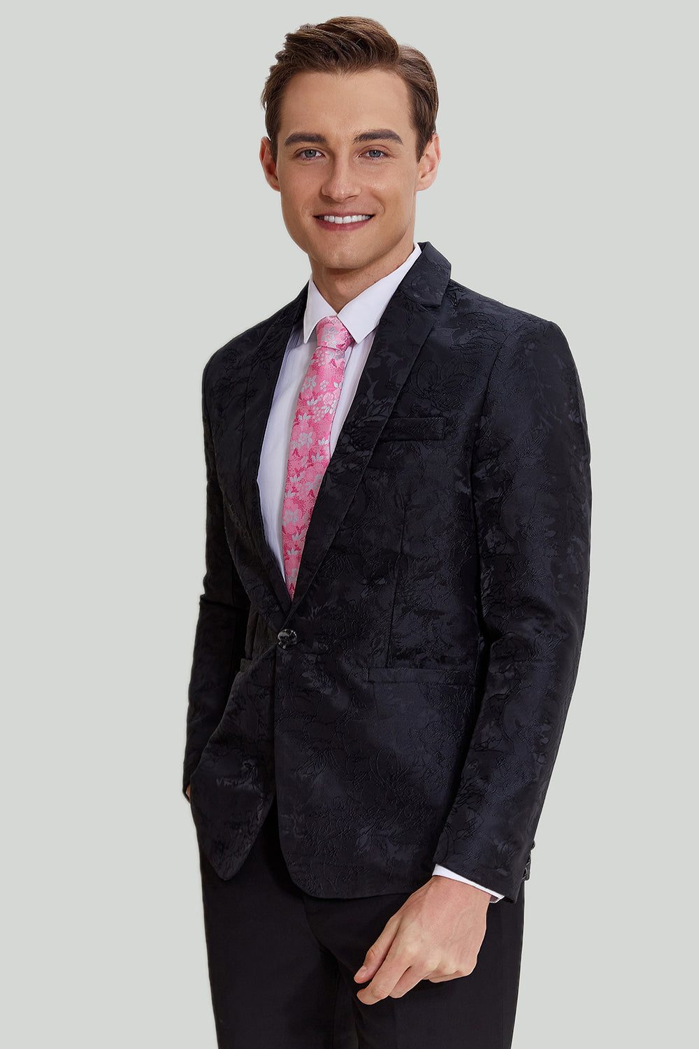 Jacquard Preto Satin Notched Lapel Blazer