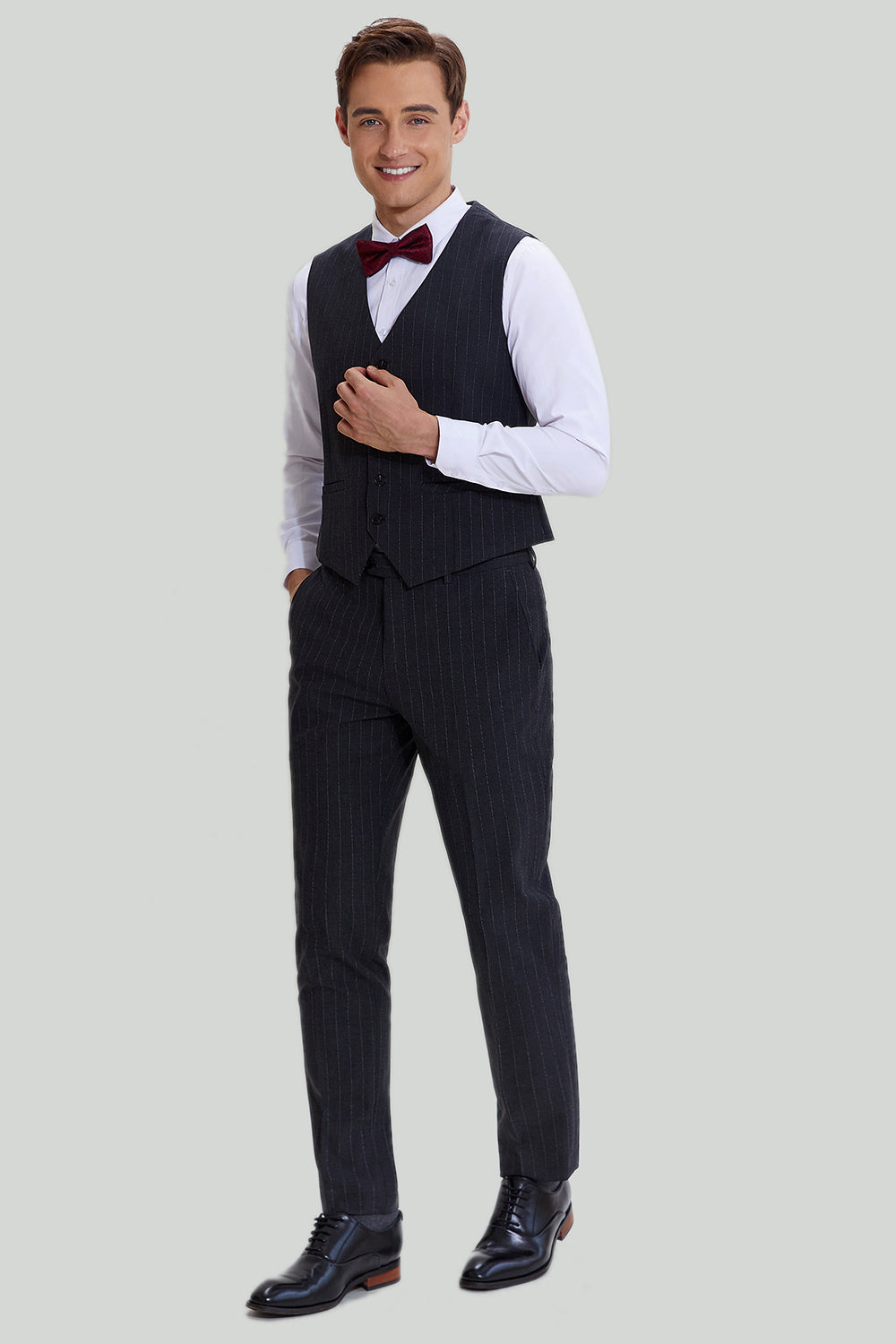 Fato cinza escuro 3 peças masculina pinstripe