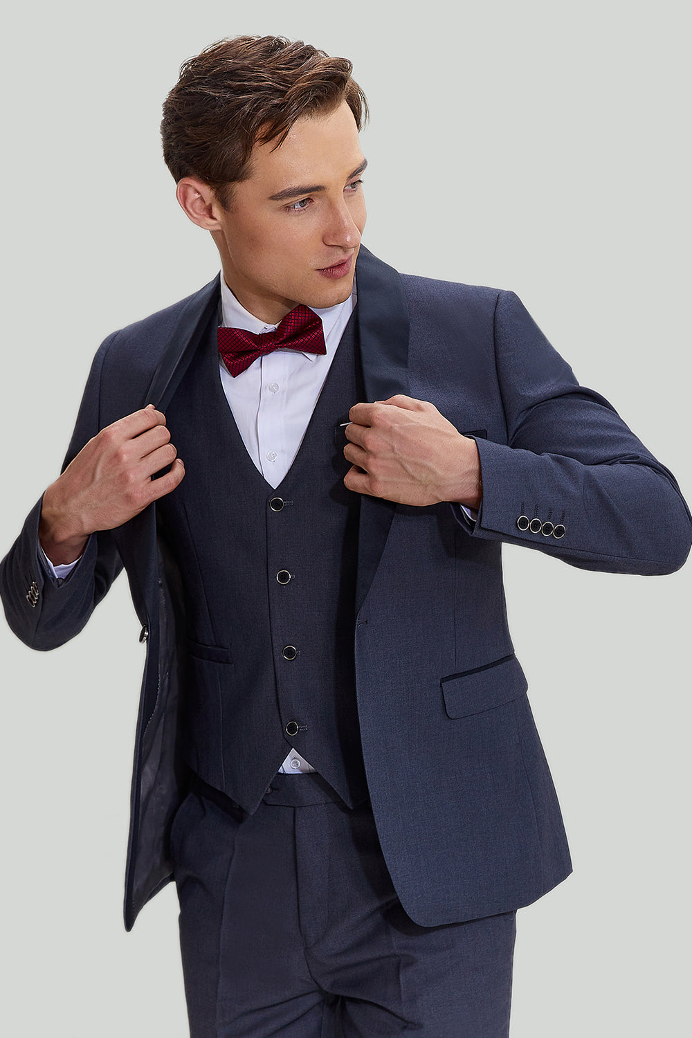 Tuxedo de botão de 3 peças masculinas cinza