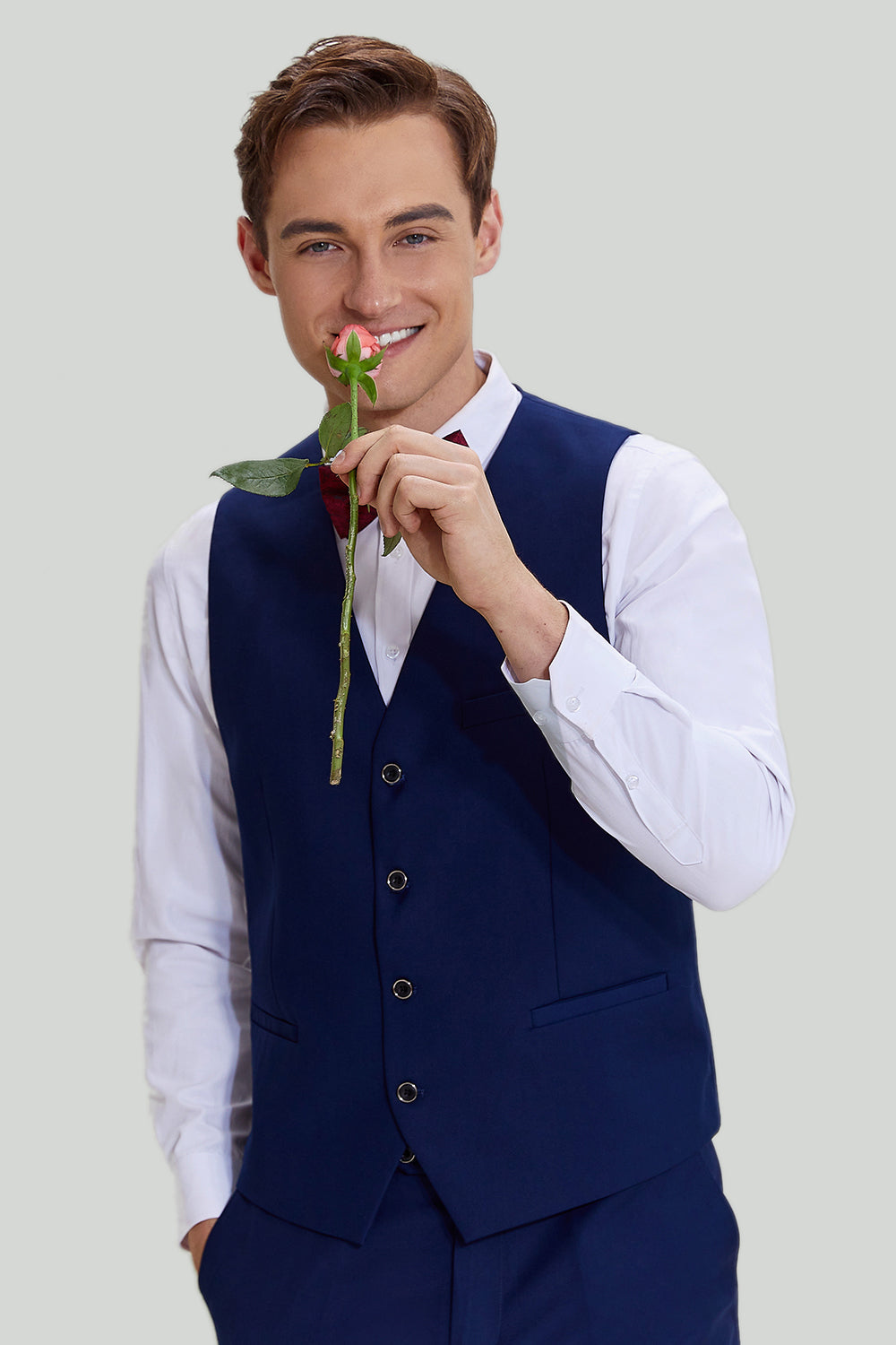 3 Peças Um Botão Fato Para Homem Azul Marinho