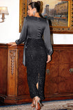 Verde Escuro Mangas Longas Sequins Mãe do Vestido da Noiva com Fenda