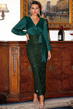 Verde Escuro Mangas Longas Sequins Mãe do Vestido da Noiva com Fenda
