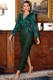 Verde Escuro Mangas Longas Sequins Mãe do Vestido da Noiva com Fenda