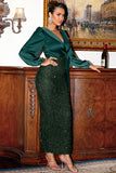 Verde Escuro Mangas Longas Sequins Mãe do Vestido da Noiva com Fenda