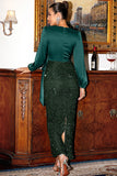Verde Escuro Mangas Longas Sequins Mãe do Vestido da Noiva com Fenda